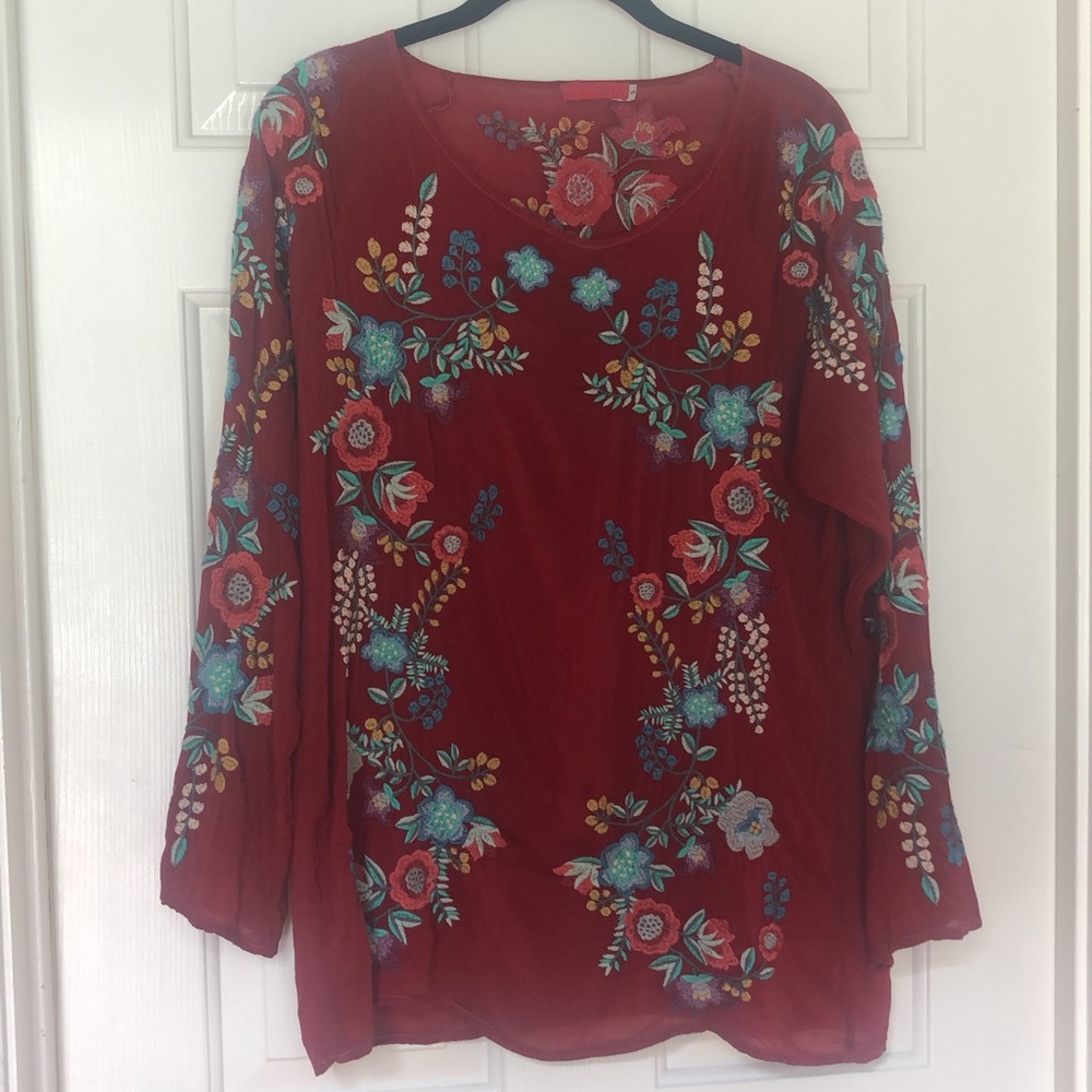 Johnny Was - Red Embroidered Floral Blouse